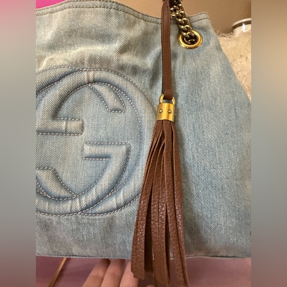 GUCCI SOHO DENIM Shoulder Bag Tote Brown Leather Tassel & Gold Hardware - Picture 4 of 16